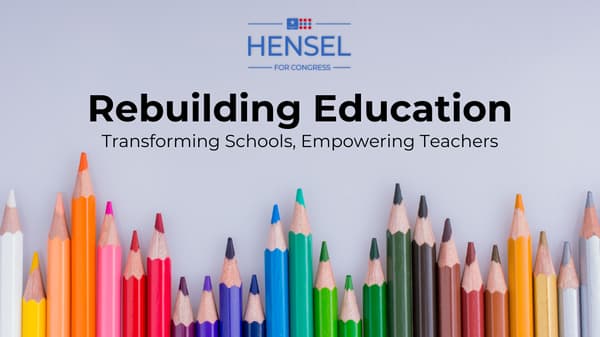 "Rebuilding Education: Transforming Schools, Empowering Teachers" with colorful pencils arranged at the bottom.