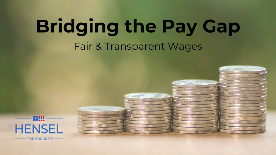 Bridging the Pay Gap, Fair & Transparent Wages text superimposed over stacks of quarters.